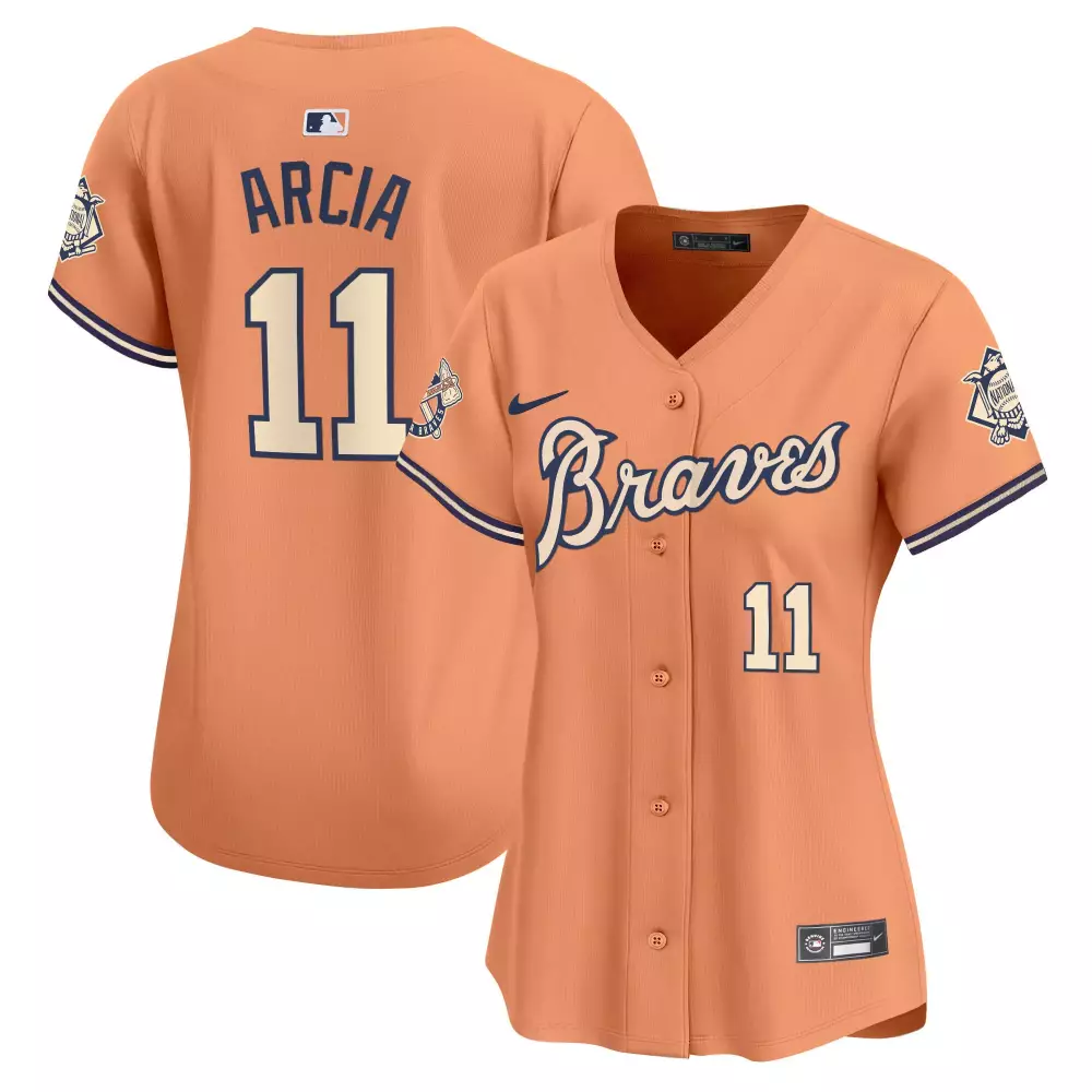 Arcia Peaches 11 Atlanta Braves Jersey Orange Men Alternate Navy Cream Vapor Premier