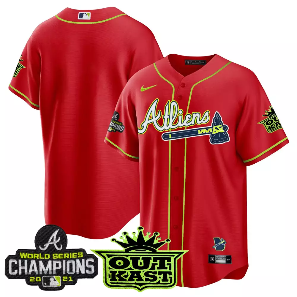 Atliens Atlanta Braves Jersey Red Outkast World Series Champions 2021 Men Neon Green