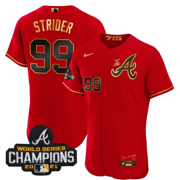 Spencer Strider 99 Atlanta Braves Jersey Red World Series Champions 2021 Men Gold