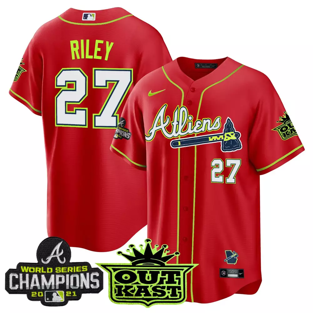 Riley Outkast 27 Atlanta Braves Jersey Red World Series Champions 2021 Men Neon Green
