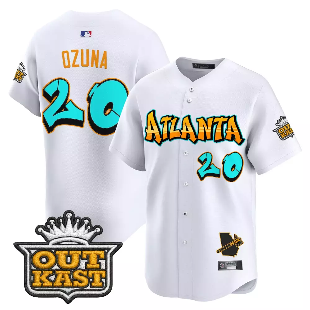 Ozuna Outkast 20 Atlanta Jersey White Men Custom Design Orange Teal Vapor Embroidered