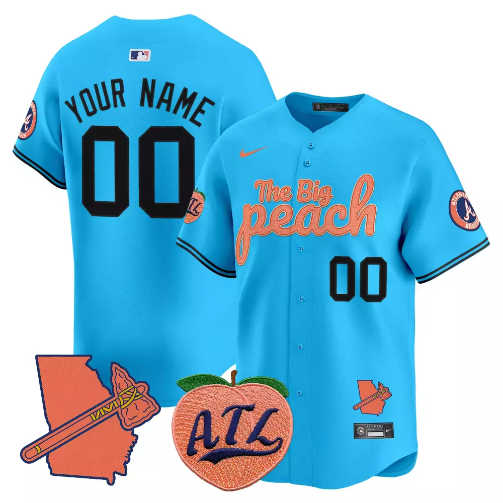 Custom Atlanta Braves Jersey Sky Blue The Big Peach Map Tomahawk Atl 2024 Men Orange