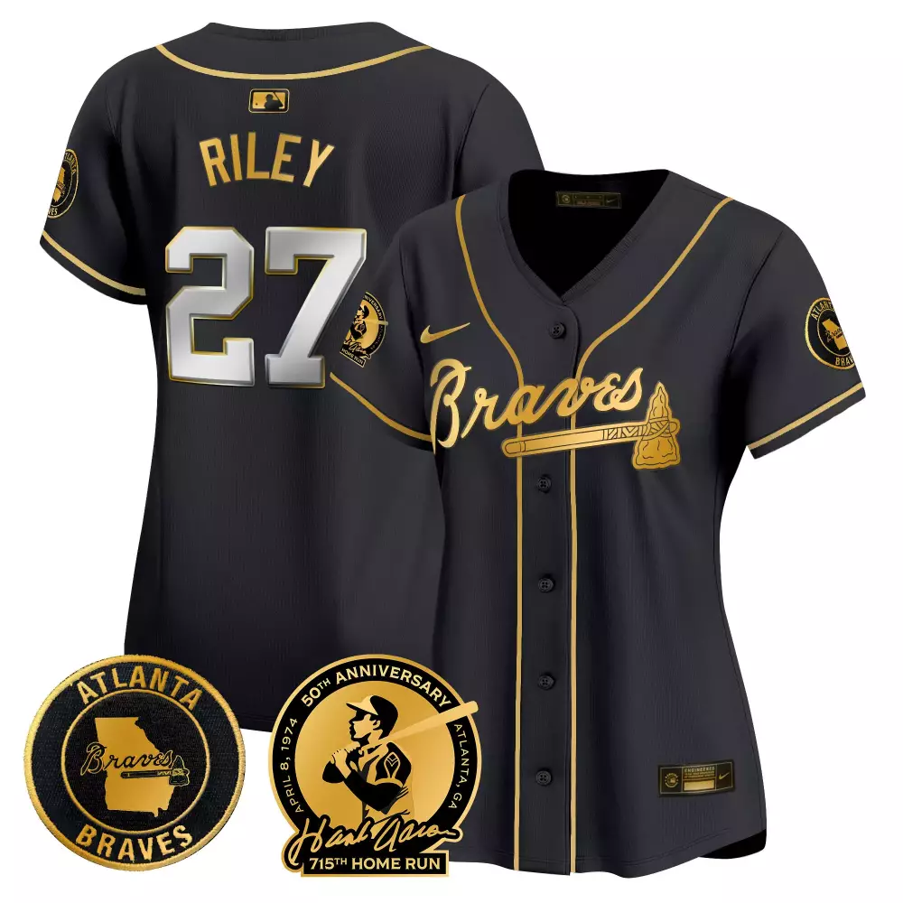 Riley Run 27 Atlanta Braves Jersey Black Men Gold All Stitched Vapor Home