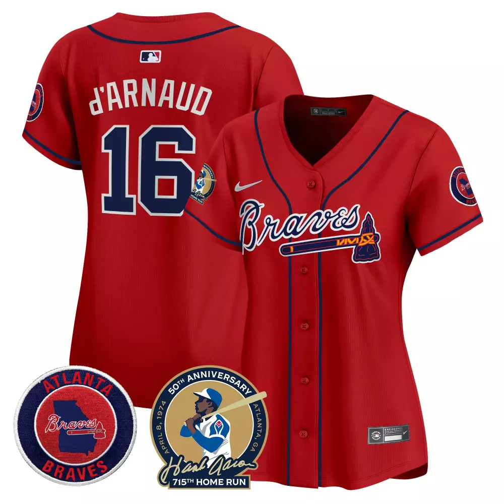 D'arnaud 16 Atlanta Braves Jersey Red Hank Aaron 715th Home Run 50th Anniversary Circular