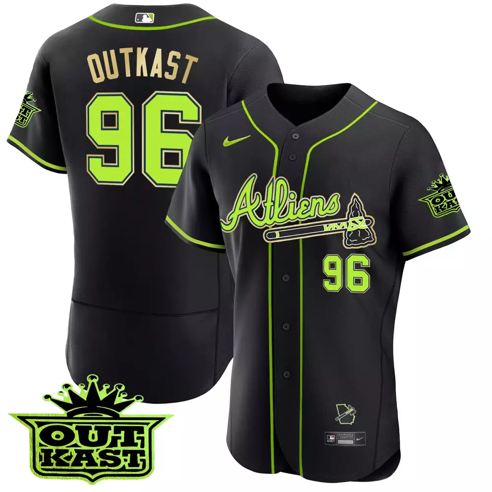 Outkast Atliens 96 Atlanta Braves Jersey Black 2024 Men Alternate Neon Green Gold