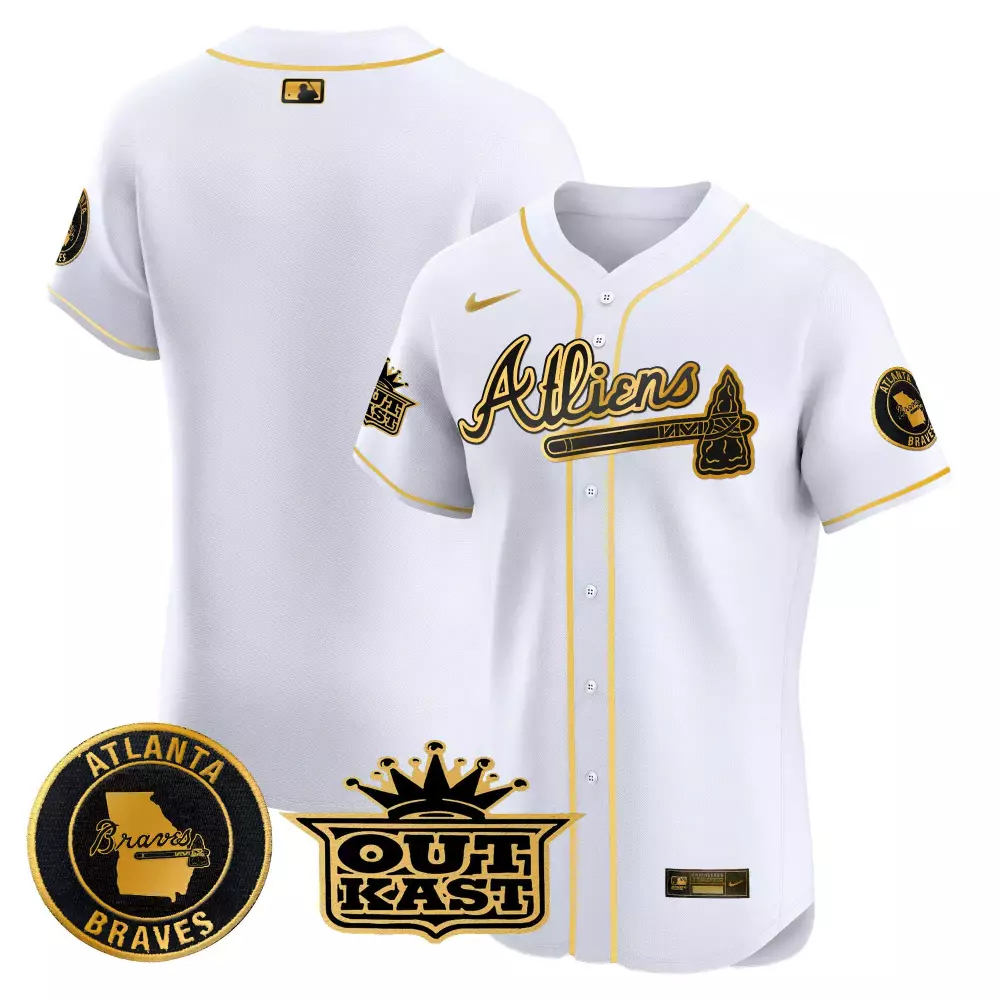 Aliens Atlanta Braves Jersey White Outkast 2023 Alternate Gold Black Vapor Premier