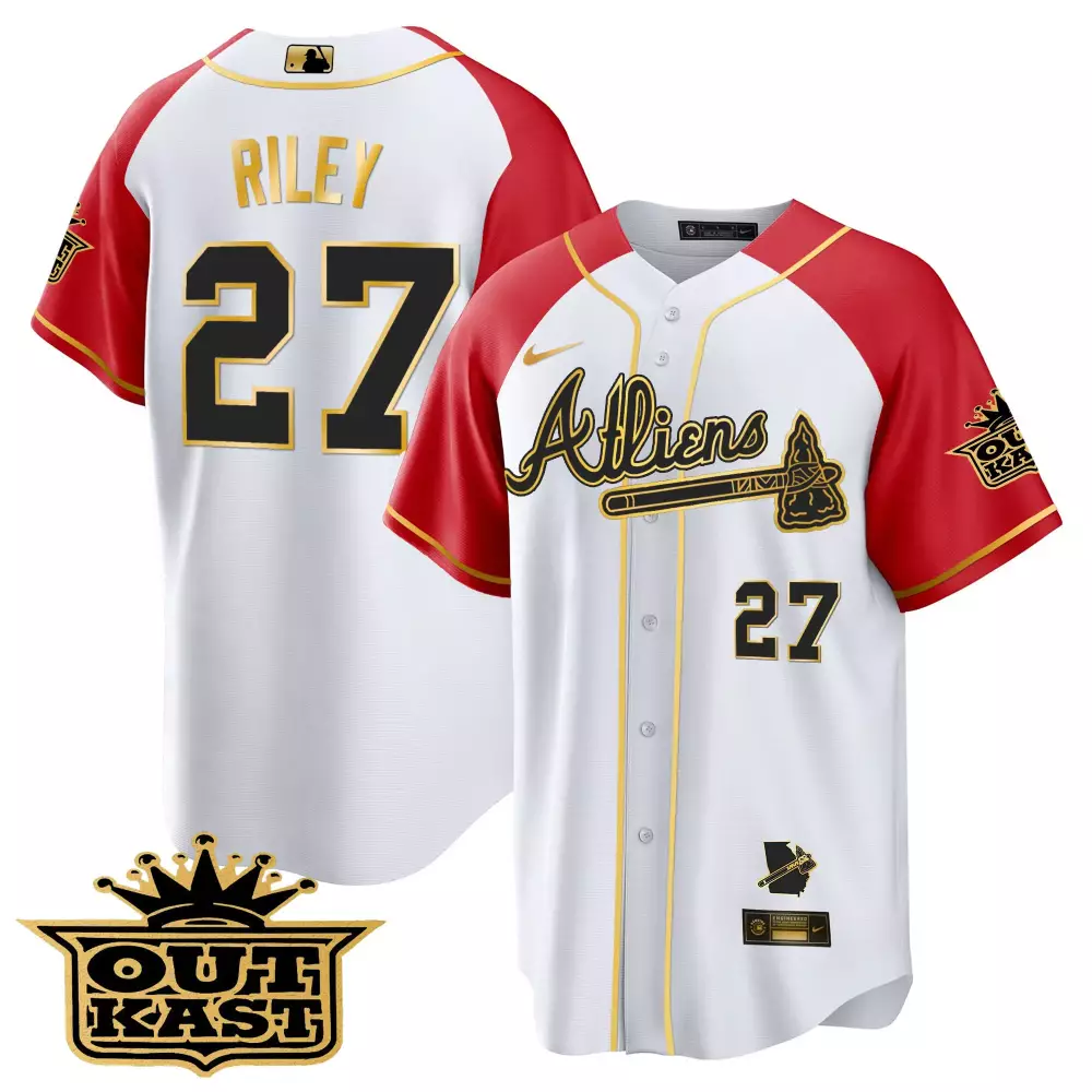 Riley Outkast 27 Atlanta Braves Jersey White Men Red Gold All Stitched Vapor