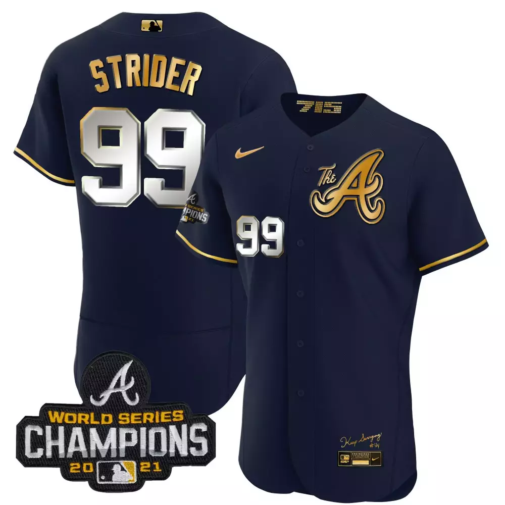 Spencer Strider 99 Atlanta Braves Jersey Navy 2021 World Series Champions Men Gold