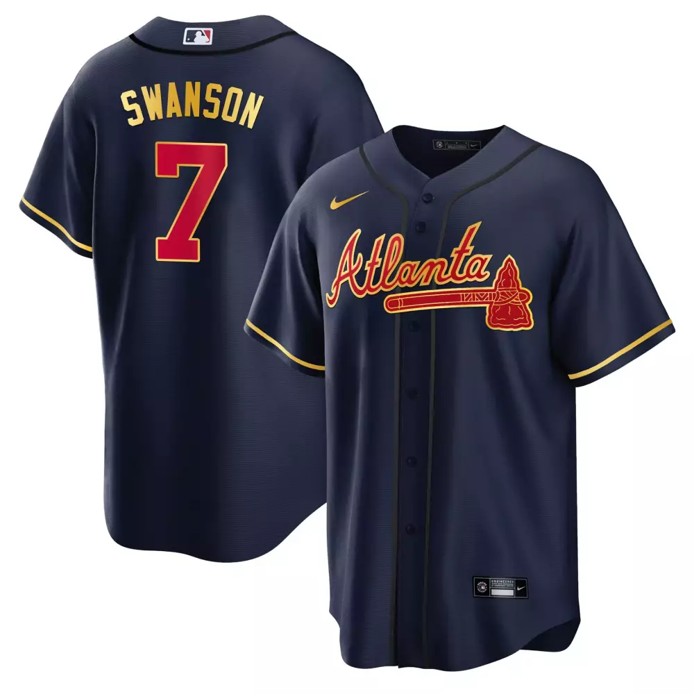 Dansby Swanson 7 Atlanta Braves Jersey Navy Men Red Gold All Stitched Vapor