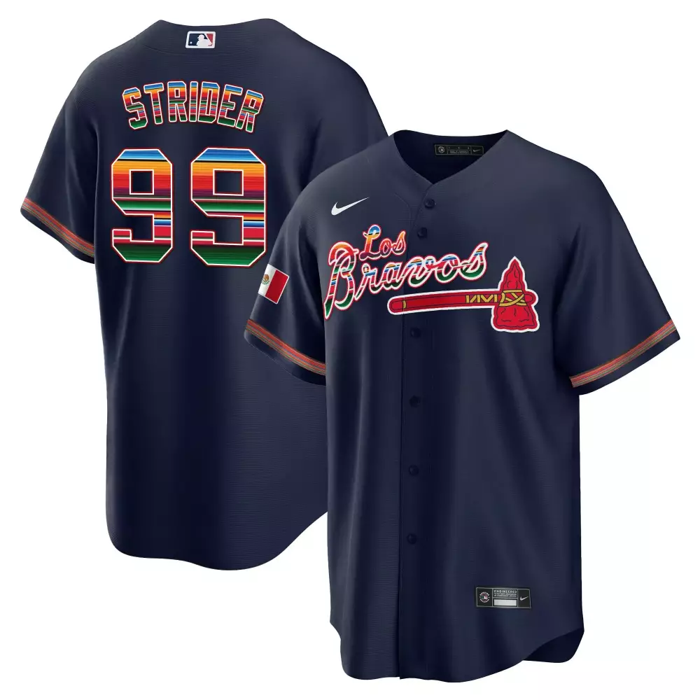Spencer Strider 99 Atlanta Braves Jersey Navy Los Bravos Mexico Flag Men Alternate