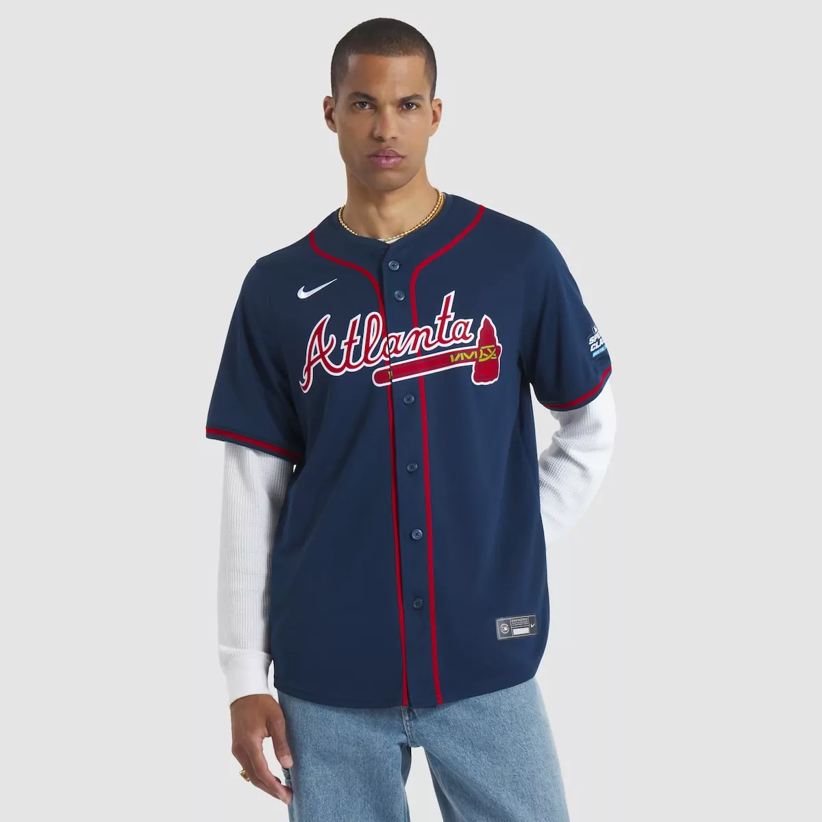 Spencer Strider 44 Atlanta Braves Jersey Navy City Connect Men Split Design Red White