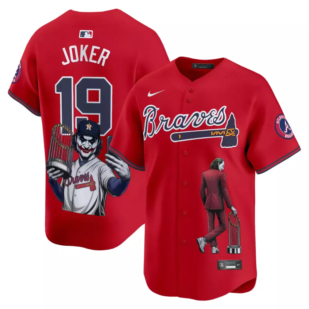 Joker 19 Atlanta Braves Jersey Red World Series Trophy Men Navy Blue White All Stitched