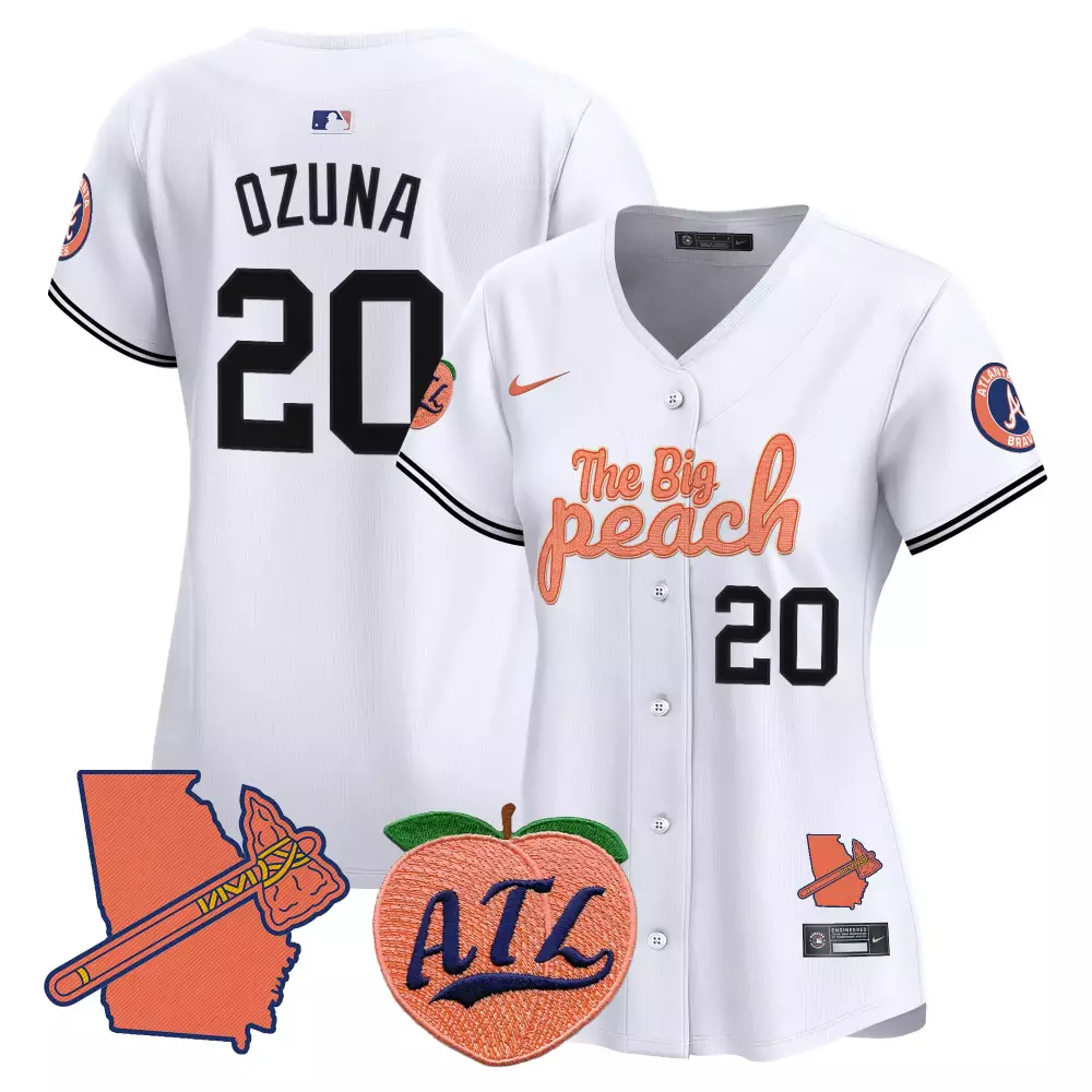 Ozuna Big 20 Atlanta Braves Jersey White The Peach Georgia Outline Tomahawk Men Alternate