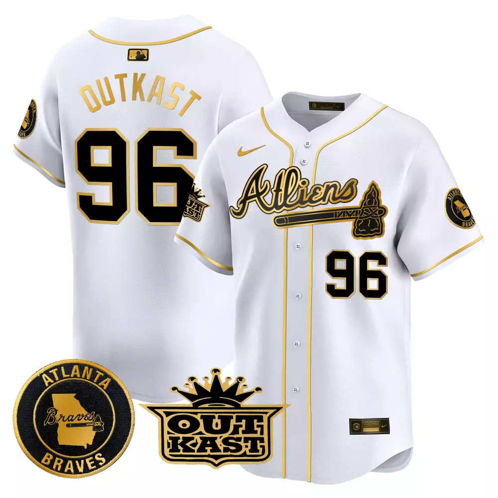 Outkast Atliens 96 Atlanta Braves Jersey White Men Black Gold Vapor Premier Limited