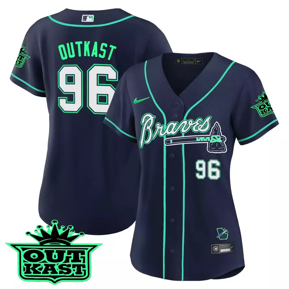 Outkast Atliens 96 Atlanta Braves Jersey Navy Women Green White Stitched