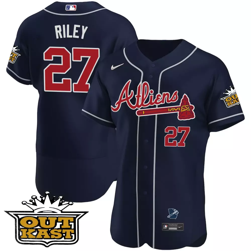 Riley Outkast 27 Atlanta Braves Jersey Navy Men Red White Stitched