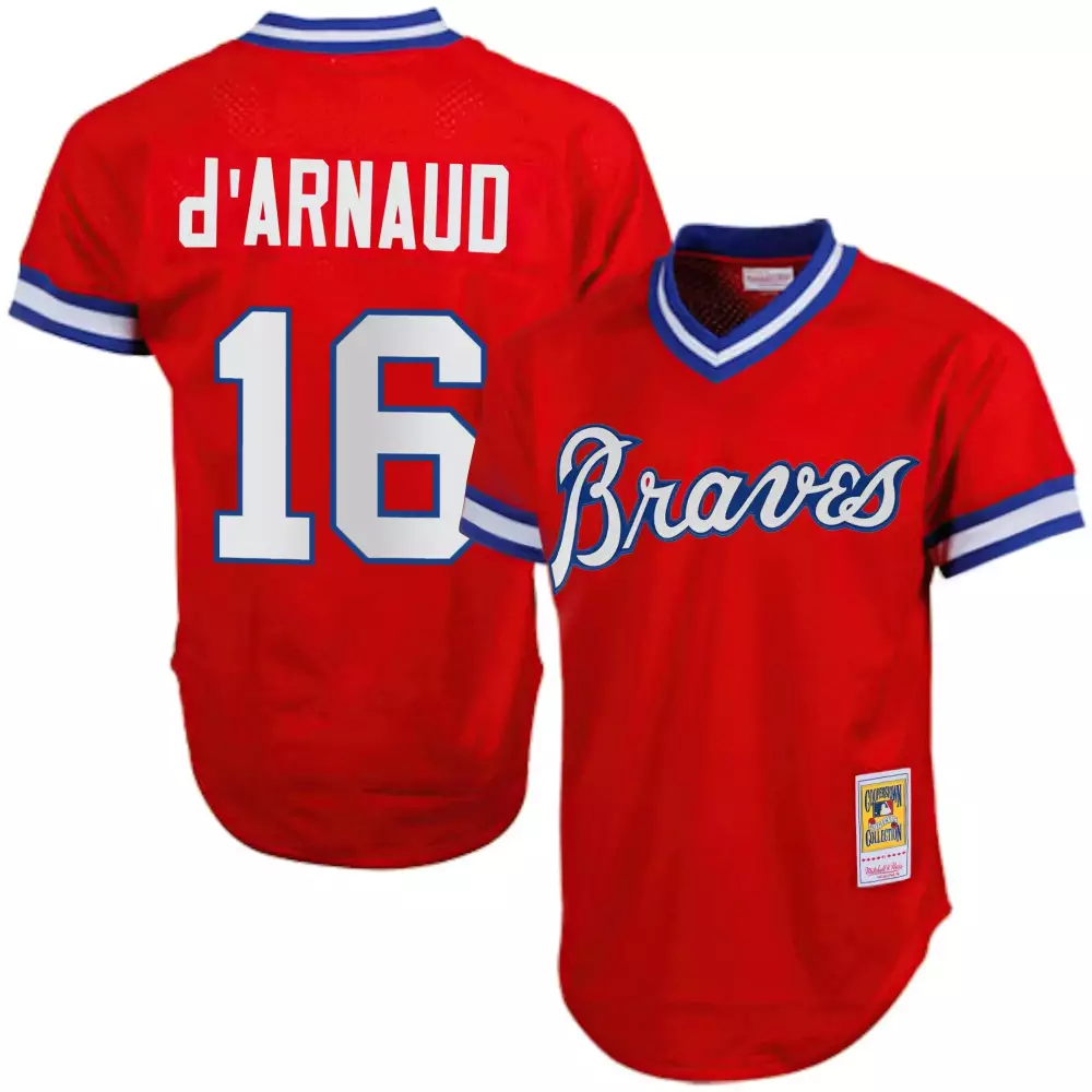 D Arnaud 16 Atlanta Braves Jersey Red Cooperstown Collection Men Blue White Throwback