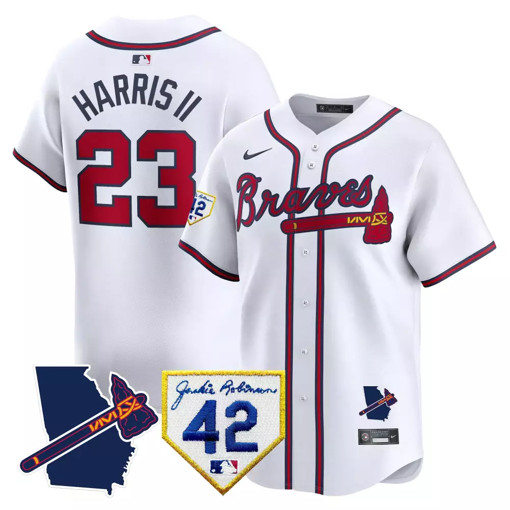 Harris Ii 23 Braves Jersey White World Series Jackie Robinson 42 Georgia Outline Tomahawk