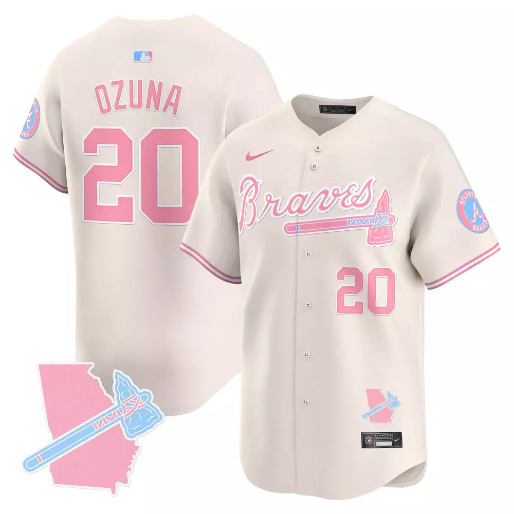 Marcell Ozuna 20 Braves Jersey Cream Breast Cancer Awareness Atlanta Georgia Map Tomahawk