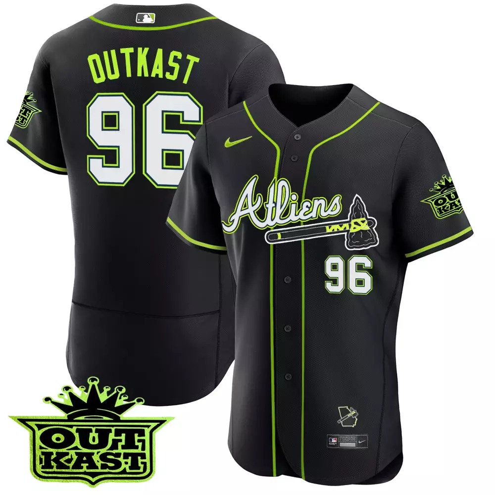 Outkast Atliens 96 Atlanta Braves Jersey Black Georgia State Outline Men Neon Green