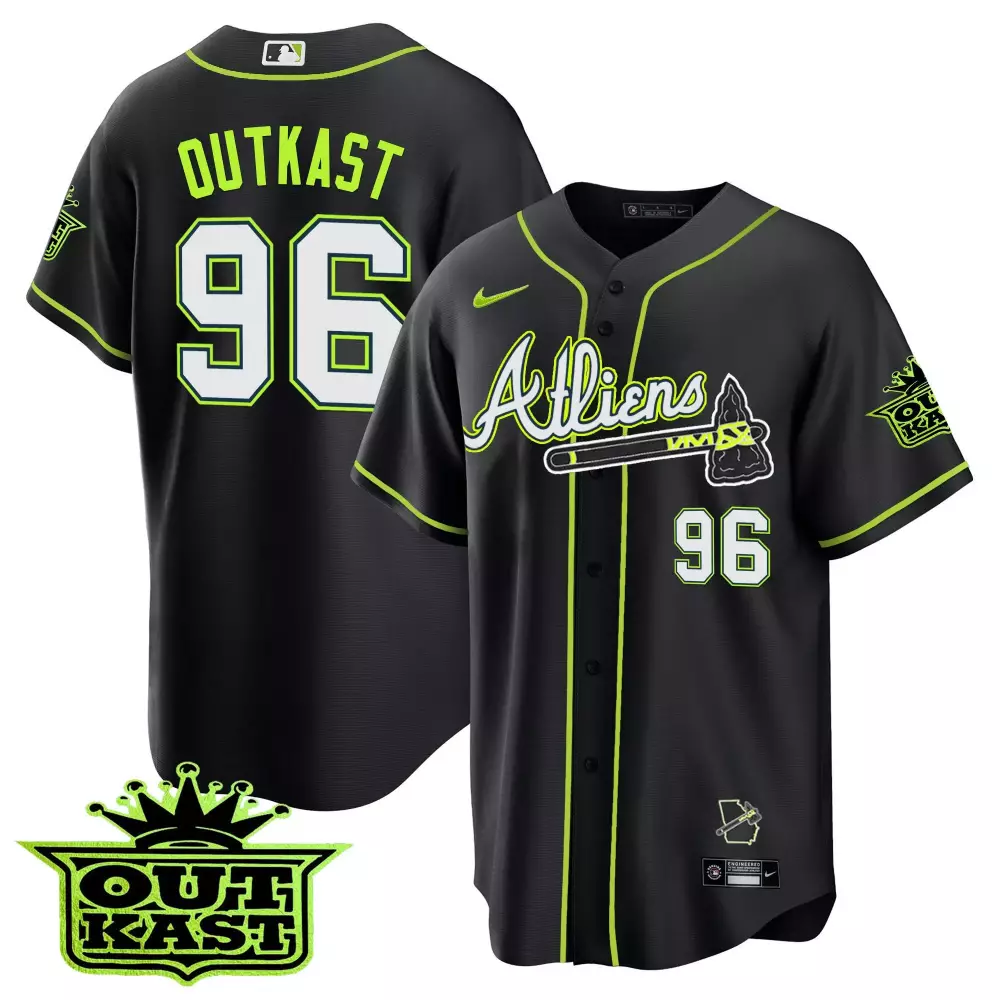 Outkast Atliens 96 Atlanta Braves Jersey Black Georgia Outline Men Neon Green White