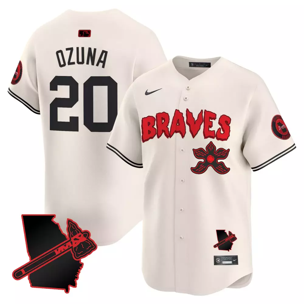 Marcell Ozuna 20 Braves Jersey Cream Stranger Things Georgia Shape Tomahawk Circular