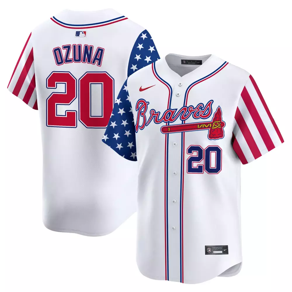 Marcell Ozuna 20 Braves Jersey White Men Alternate Split Design Red Blue Vapor Premier