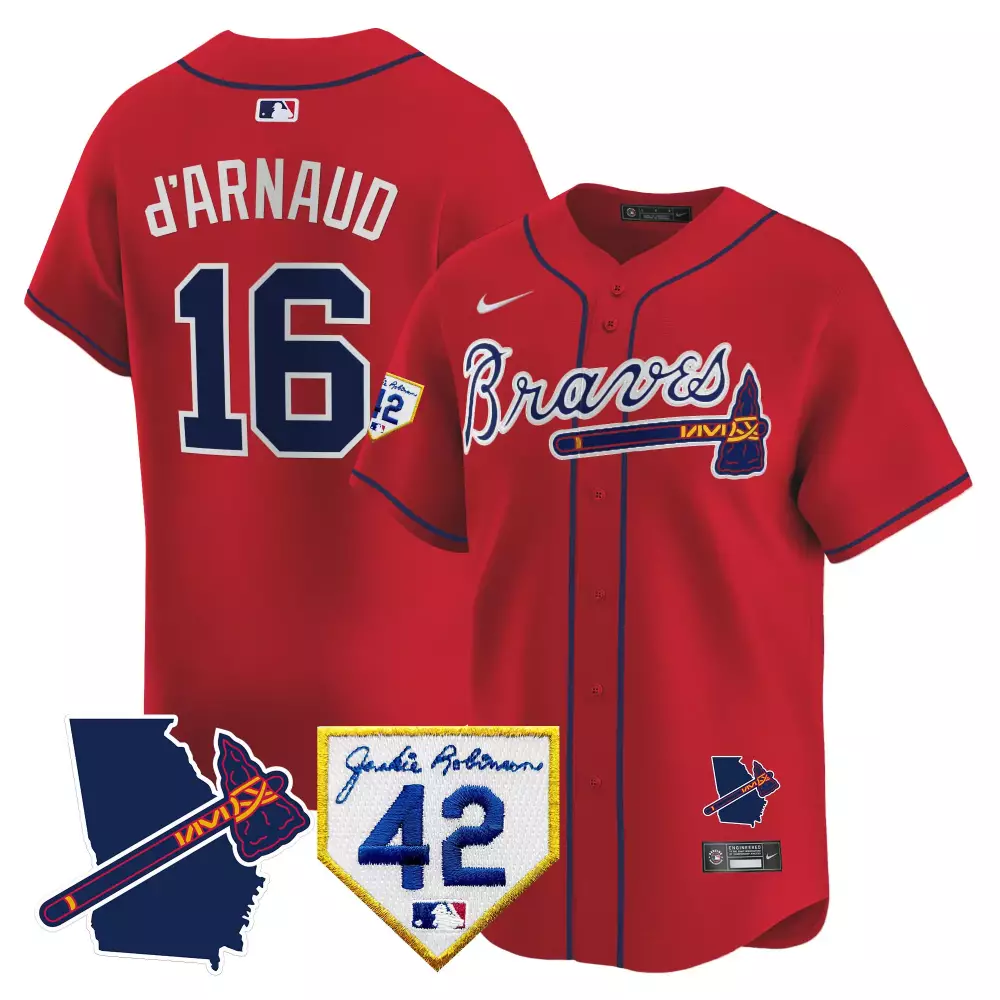 Travis Darnaud 16 Braves Jersey Red Jackie Robinson Day 42 Georgia Men Blue Vapor