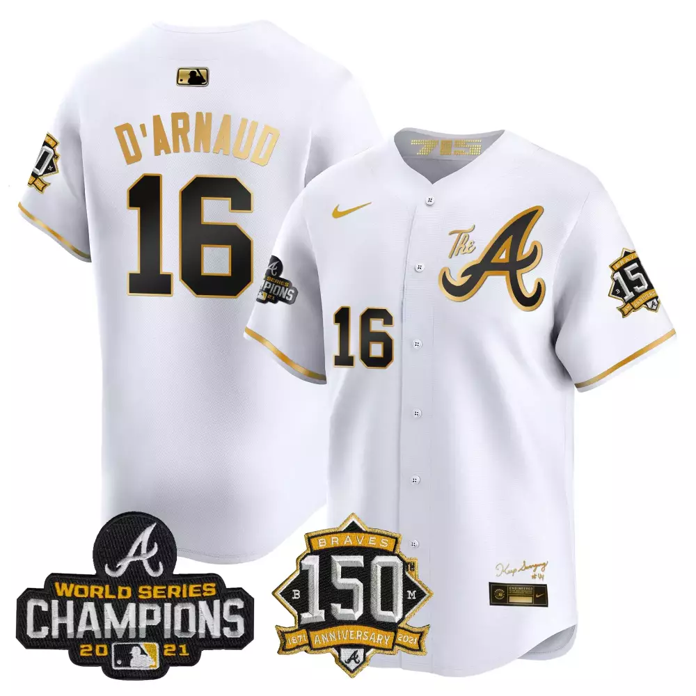 D Arnaud 16 Atlanta Braves Jersey White World Series Champions 2021 150th Anniversary 1871-2021