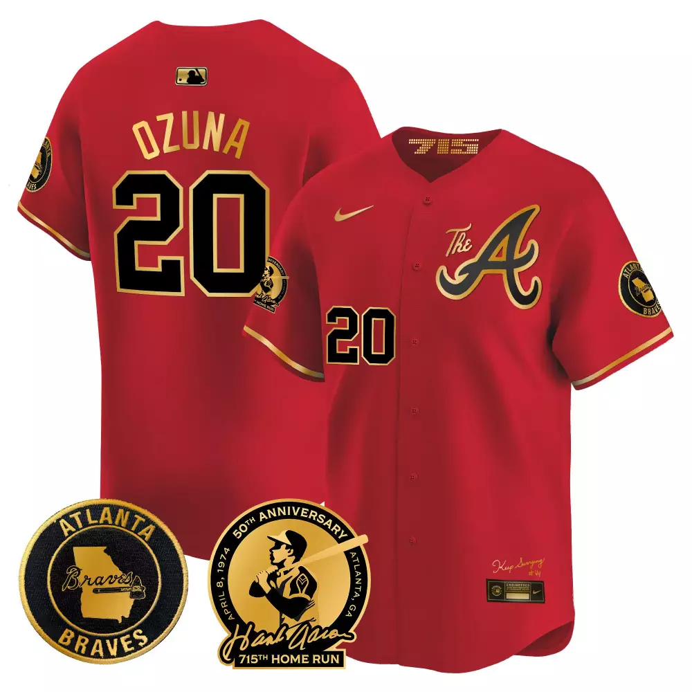 Marcell Ozuna 20 Atlanta Braves Jersey Red 75th Anniversary Men Black Gold Home Vapor