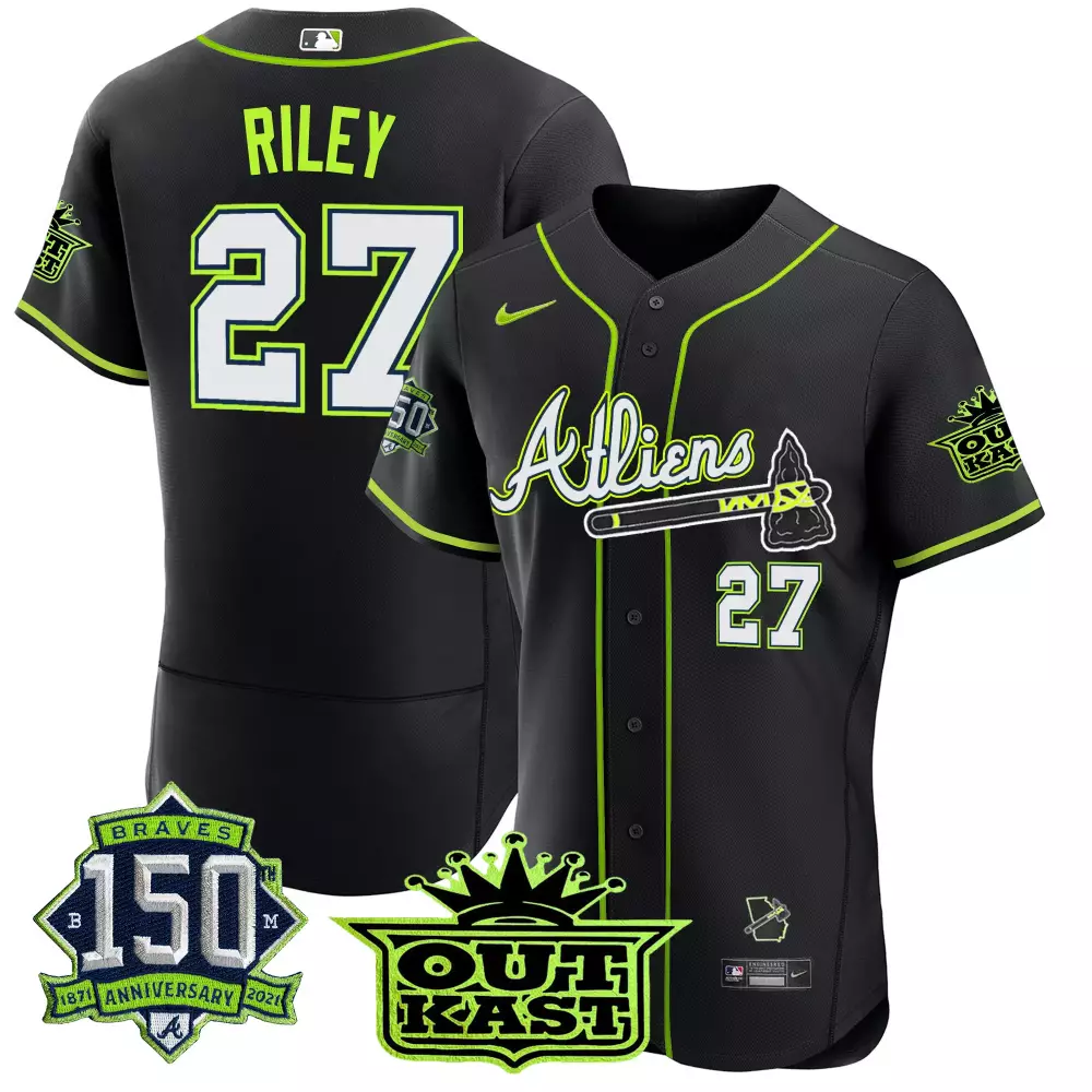 Riley Outkast 27 Braves Jersey Black 150th Anniversary 1871-2021 2021 Men Neon Green