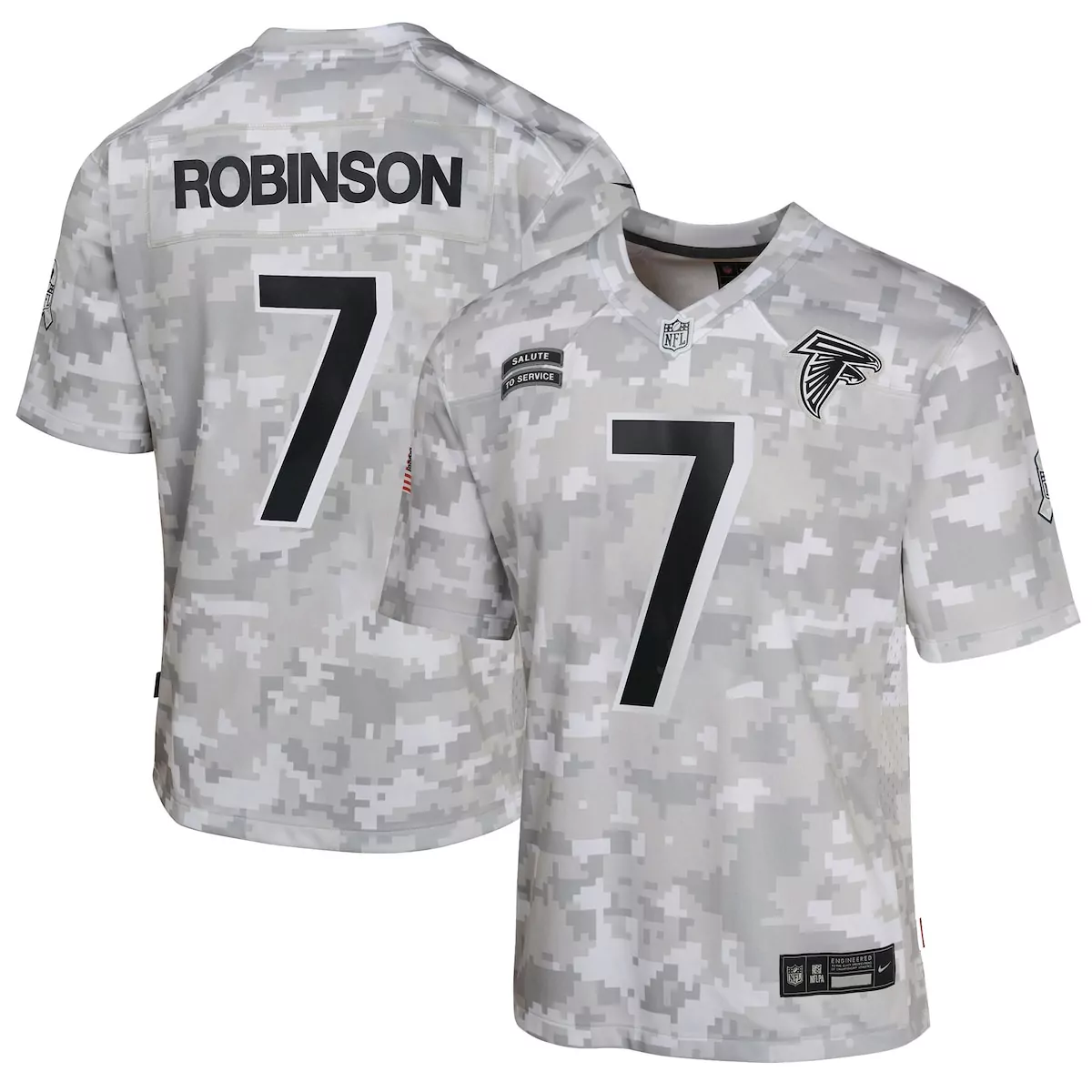 Bijan Robinson 7 Falcons Jersey White Salute To Service 2023 Men Digital Camo Alternate