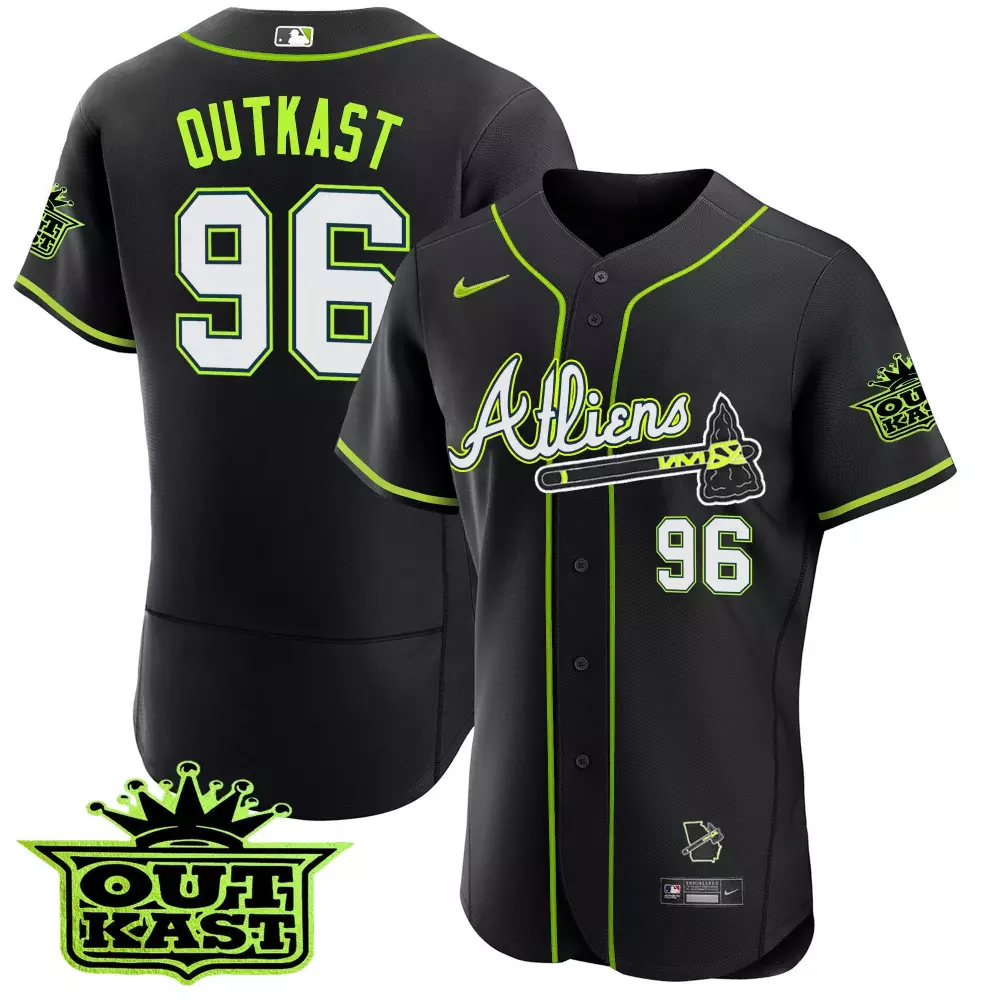Outkast Atliens 96 Atlanta Braves Jersey Black Men Neon Green White Flex Base v4