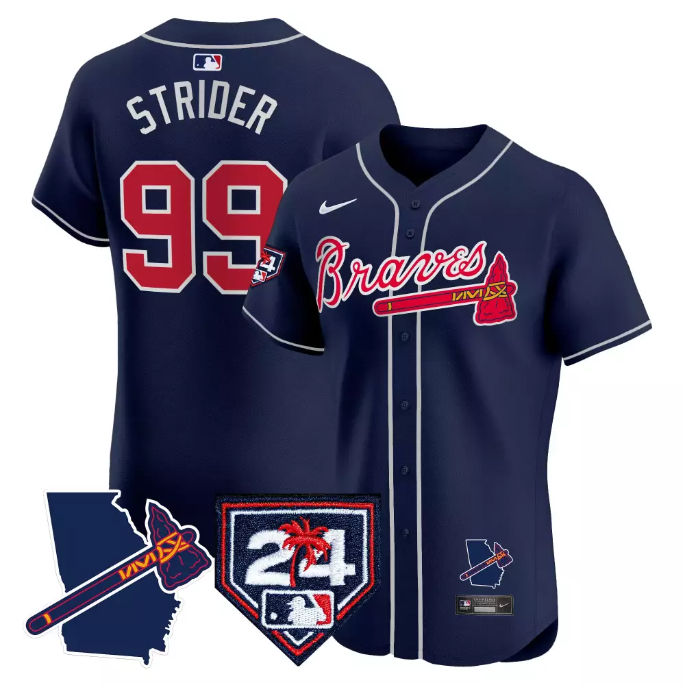 Spencer Strider 99 Atlanta Braves Jersey Navy Blue City Connect Georgia Outline Tomahawk Palm Tree "24"