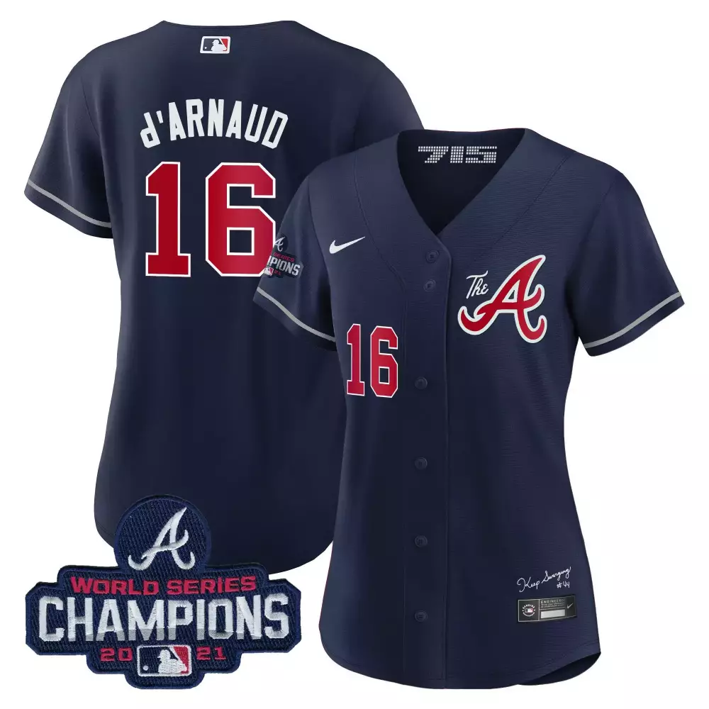 Travis Darnaud 16 Atlanta Braves Jersey Navy 2021 World Series Champions Men Red