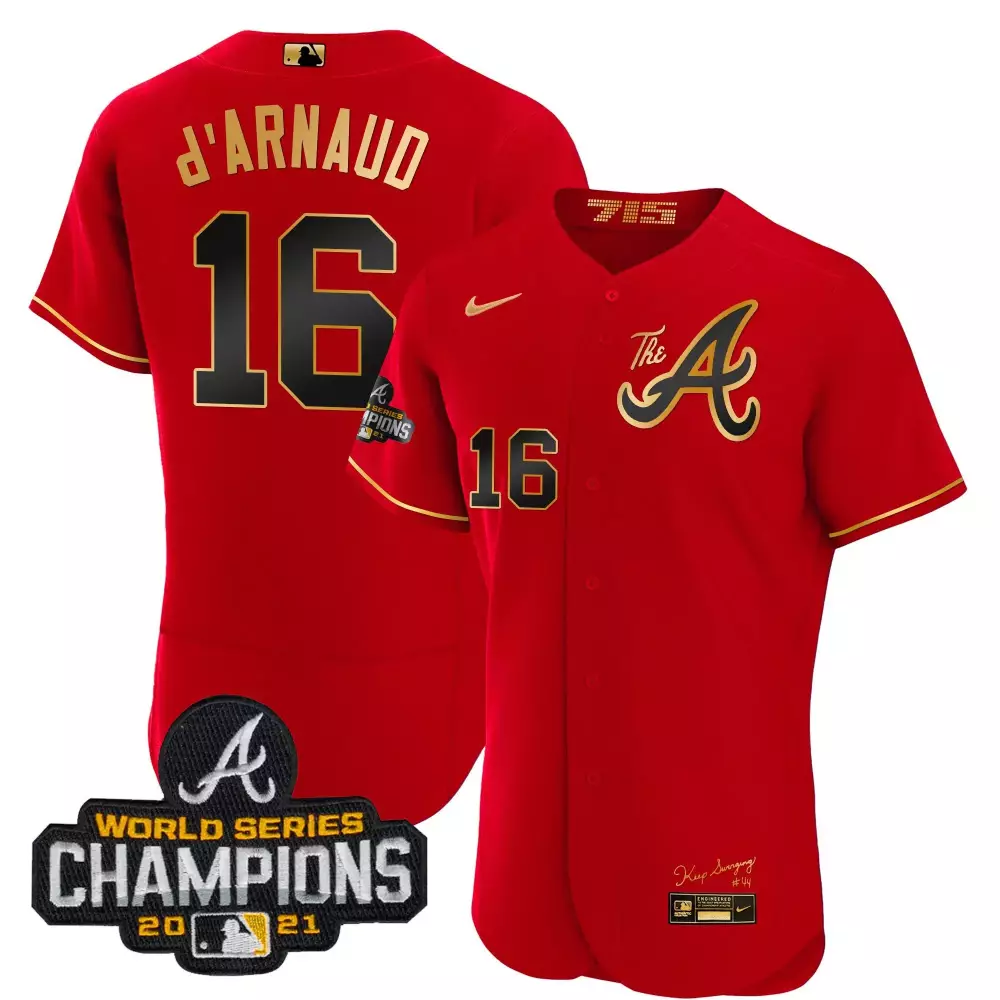 Travis Darnaud 16 Atlanta Braves Jersey Red World Series Champions 2021 Men Gold