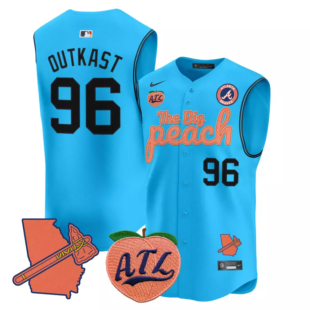 Outkast Big 96 Atlanta Braves Jersey Blue The Peach Georgia Outline Tomahawk 2023