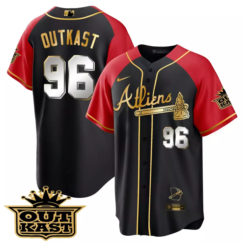 Outkast Atliens 96 Atlanta Braves Jersey Black Map Georgia Outline Men Red Gold Alternate