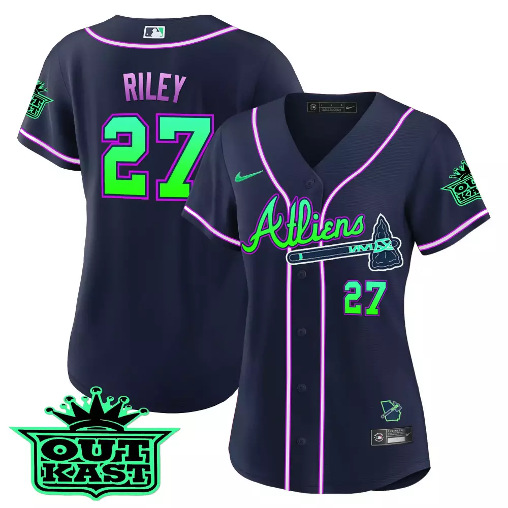 Riley Outkast 27 Atlanta Braves Jersey Navy Georgia Outline 2023 Men Alternate Neon Green