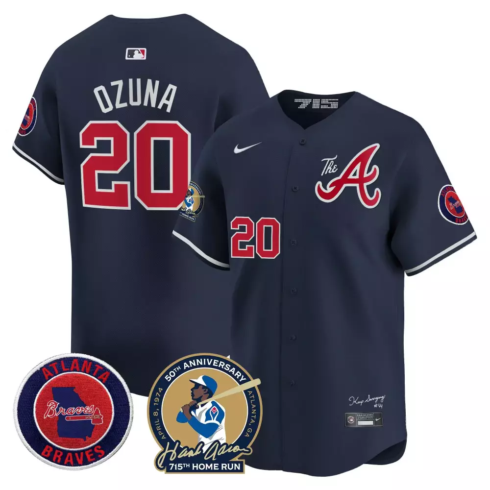 Marcell Ozuna 20 Atlanta Braves Jersey Navy Hank Aaron 715th Home Run 50th Anniversary