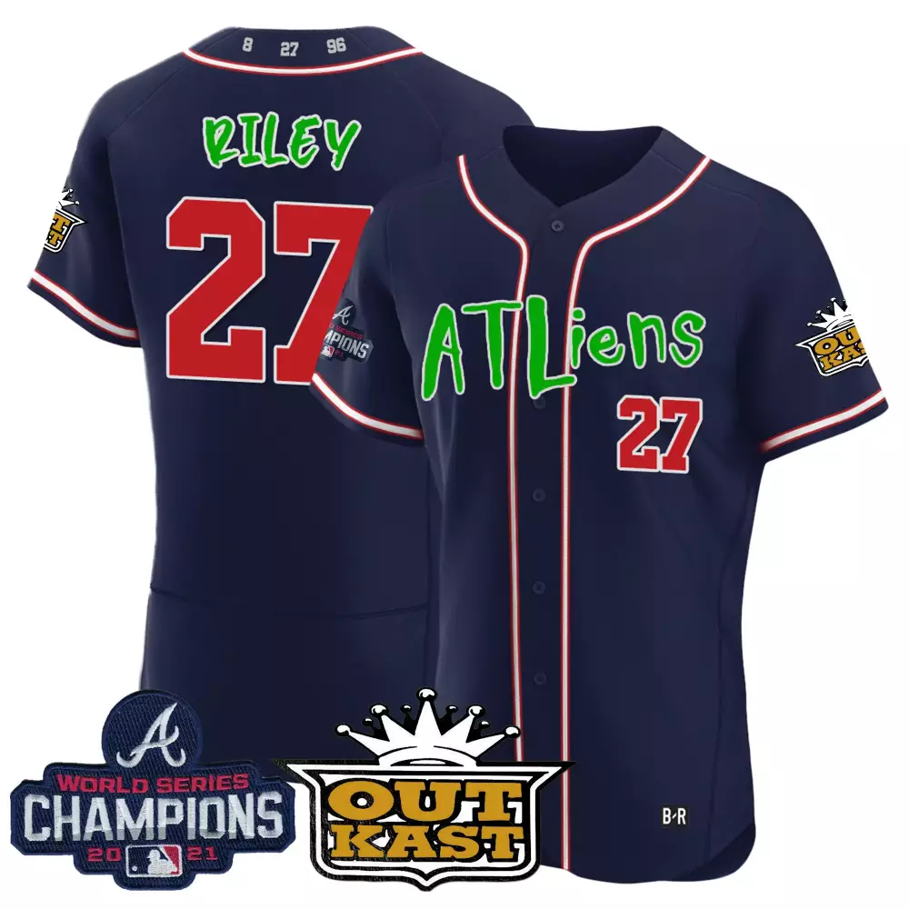 Riley Atlliens 27 Atlanta Braves Jersey Navy World Series Champions 2021 Outkast
