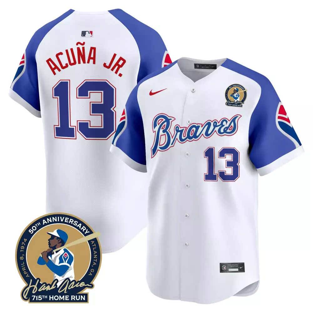 Ronald Acuna Jr. 13 Braves Jersey White 50th Anniversary Hank Aaron 2023 Men Blue