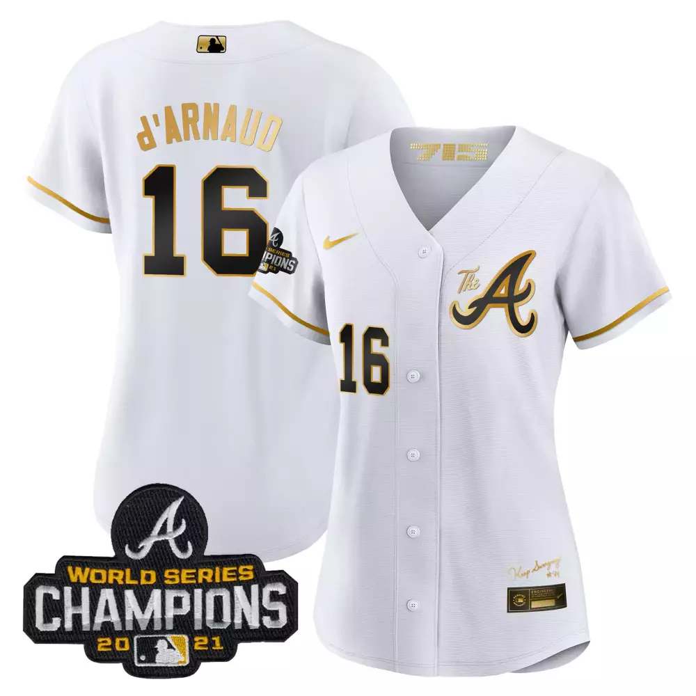 D Arnaud 16 Atlanta Braves Jersey White World Series Champions 2021 Men Alternate