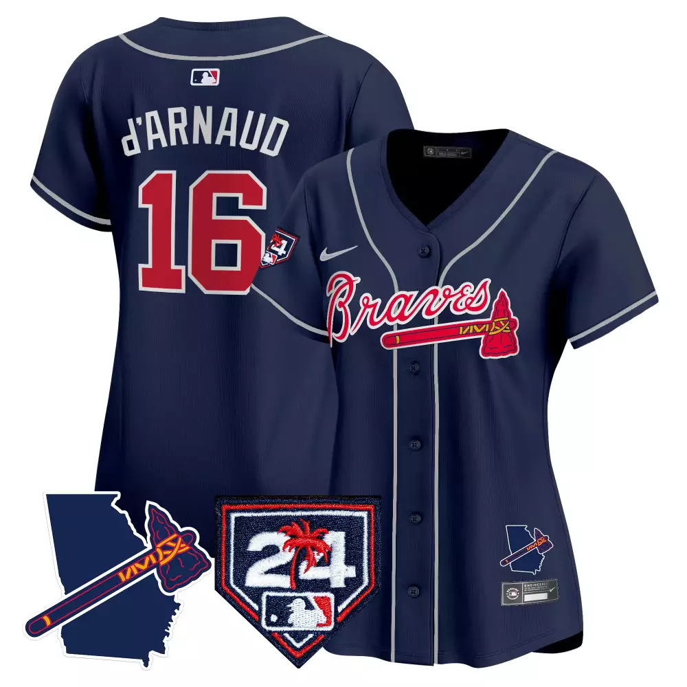 D'arnaud 16 Braves Jersey Navy Tomahawk Georgia Outline Men Red White Stitched