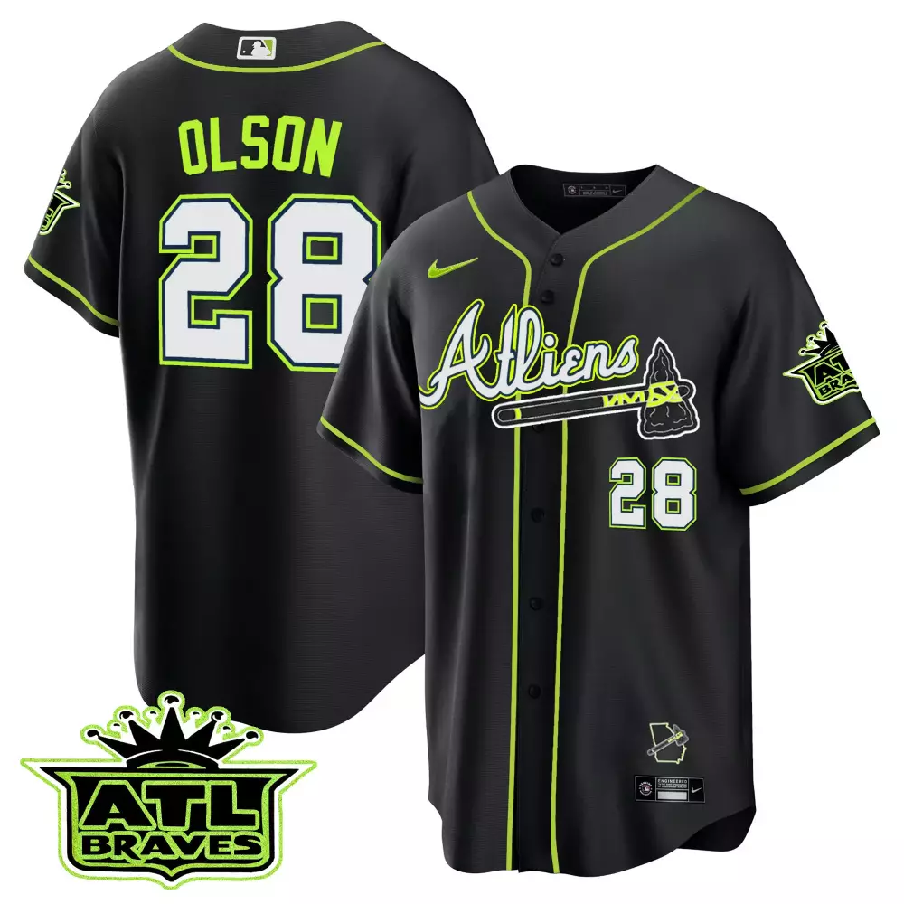 Outkast Neon 28 Atlanta Braves Jersey Black City Connect Georgia State Outline Men
