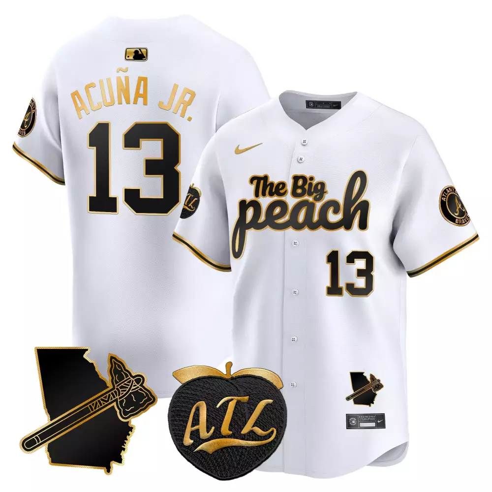 Ronald Acua Jr. 13 Atlanta Braves Jersey White The Big Peach Georgia Outline Tomahawk 2023