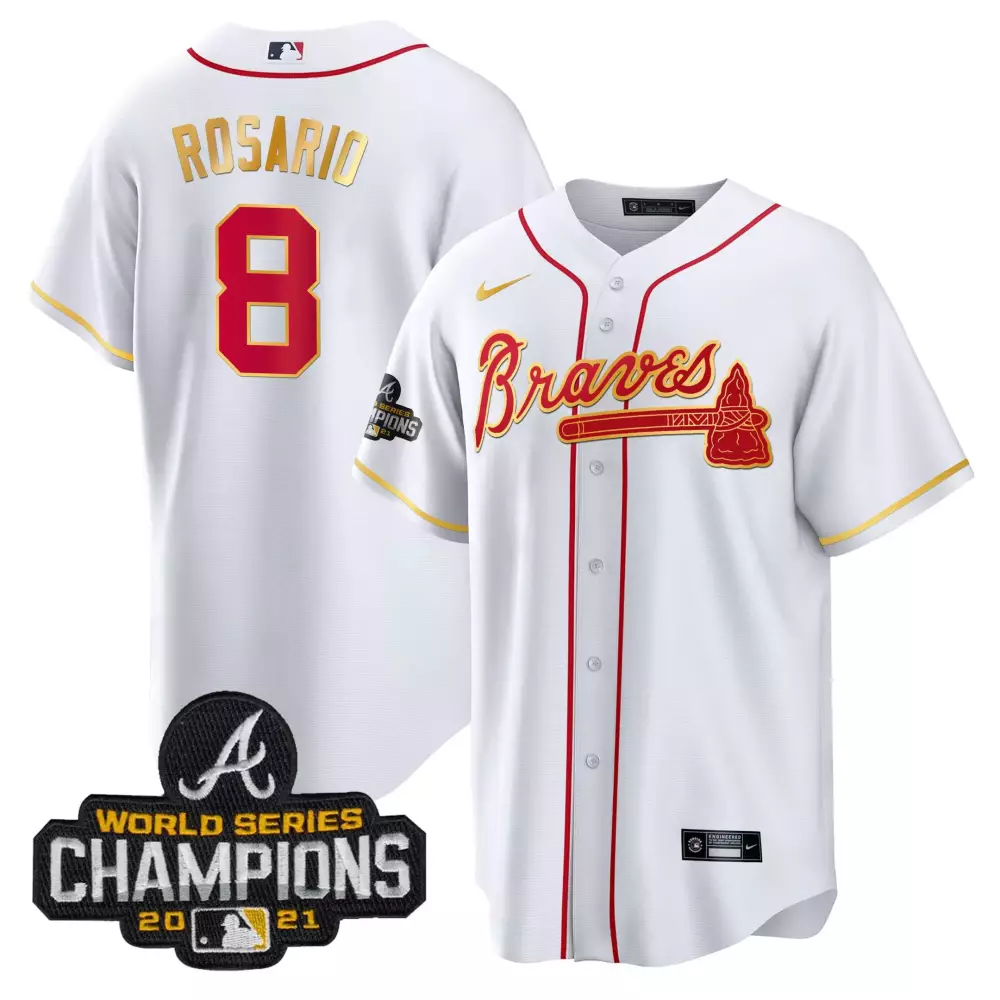 Rosario 8 Braves Jersey White World Series Champions 2021 Men Red Gold All Stitched