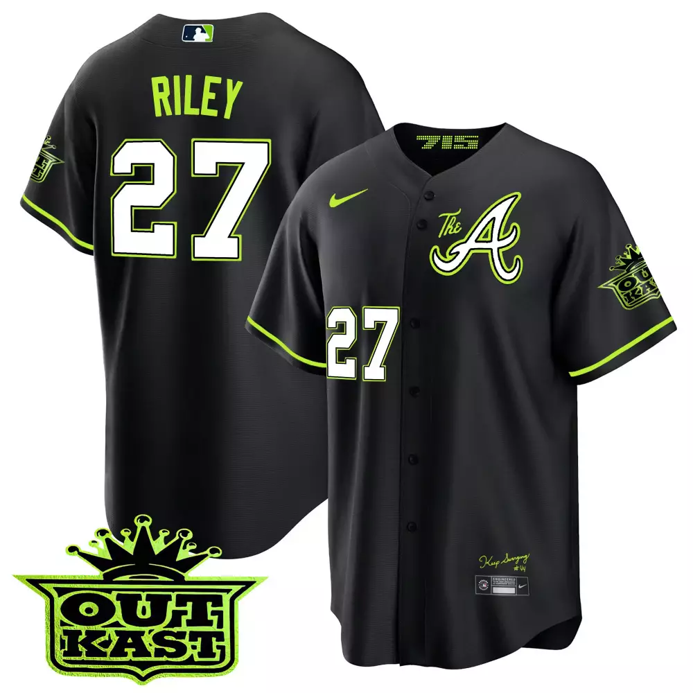Riley Outkast 27 Atlanta Braves Jersey Black Men Neon Green White All Stitched Vapor