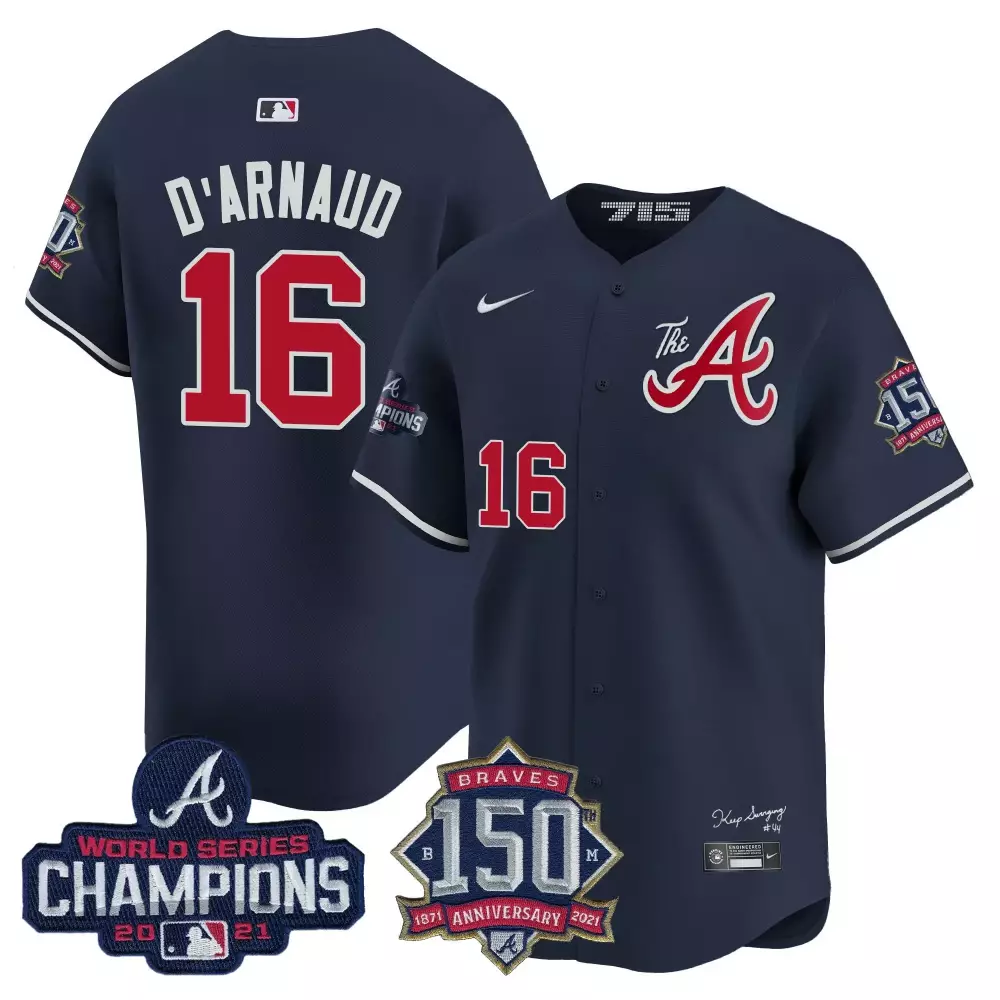Travis Darnaud 16 Atlanta Braves Jersey Navy 2021 World Series Champions 150th Anniversary 1871-2021