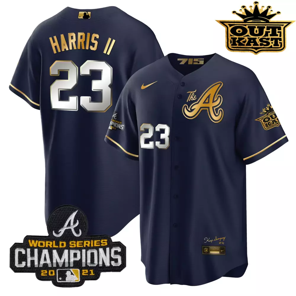 Harris Ii 23 Atlanta Braves Jersey Navy Blue Outkast World Series Champions 2021
